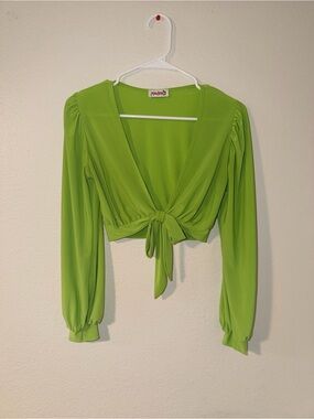 Madina Lime Tie-Front Long Sleeve Crop Top